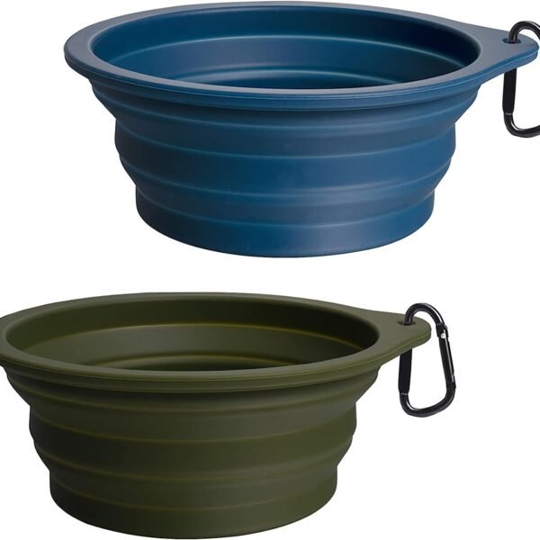 2-Pack Silicone Collapsible Dog Bowls. BPA Free Dishwasher Safe. Portable Foldable Expandable Travel Bowl. Food Water Feeding Cup Dish for Dogs Cats with 2 Carabiners (Army Green. Navy Blue)